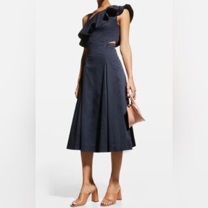 NWOT VERONICA BEARD NAVY BEILLA ONE SHOULDER RUFFLE DRESS! SIZE 10!